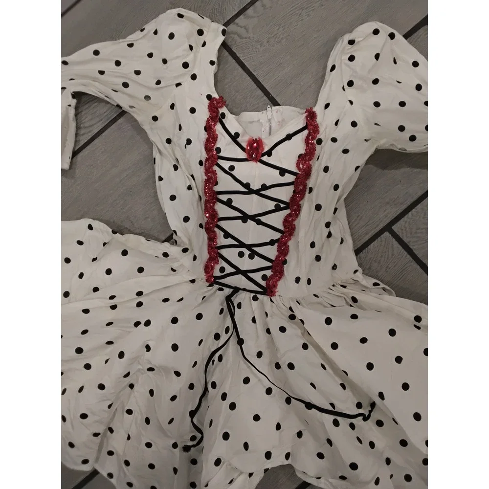 Kids White Black Polka Dot Costume Dress Red Sequin Trim Lace Up Bodice
